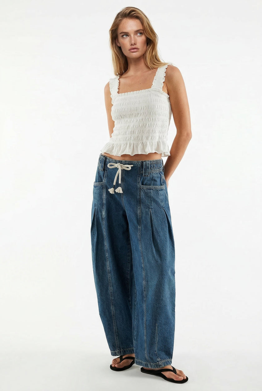 Women’s wide-leg cotton jeans by FJØRNA with a drawstring waist, casual and comfortable pants for everyday wear.