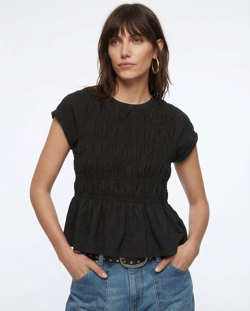 Women’s linen ruched ruffle top by FJØRNA featuring a casual, lightweight design with ruffled details and a relaxed fit.