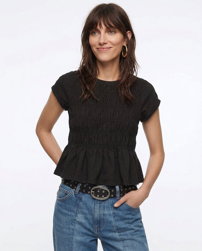 Women’s linen ruched ruffle top by FJØRNA featuring casual style, with soft fabric and feminine ruffle details.