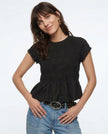 Women’s linen ruched ruffle top by FJØRNA featuring a casual, lightweight design with ruffled details and a relaxed fit.