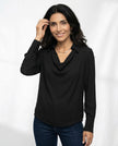 FJØRNA satin cowl-neck long-sleeve women's blouse in white, stylish top with draped neckline and elegant fit.