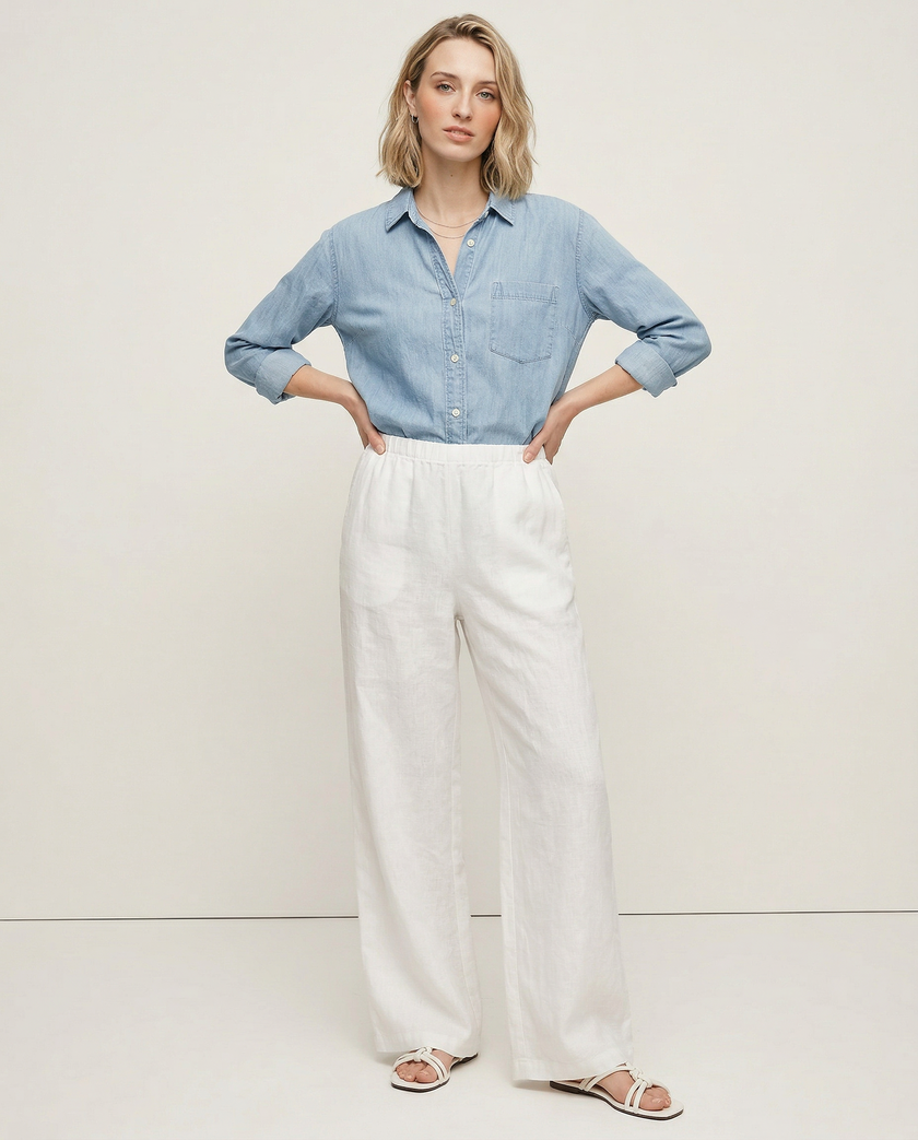 FJØRNA women's knit wide-leg trousers with drawstring waist, showcasing soft fabric and relaxed fit in a casual style.