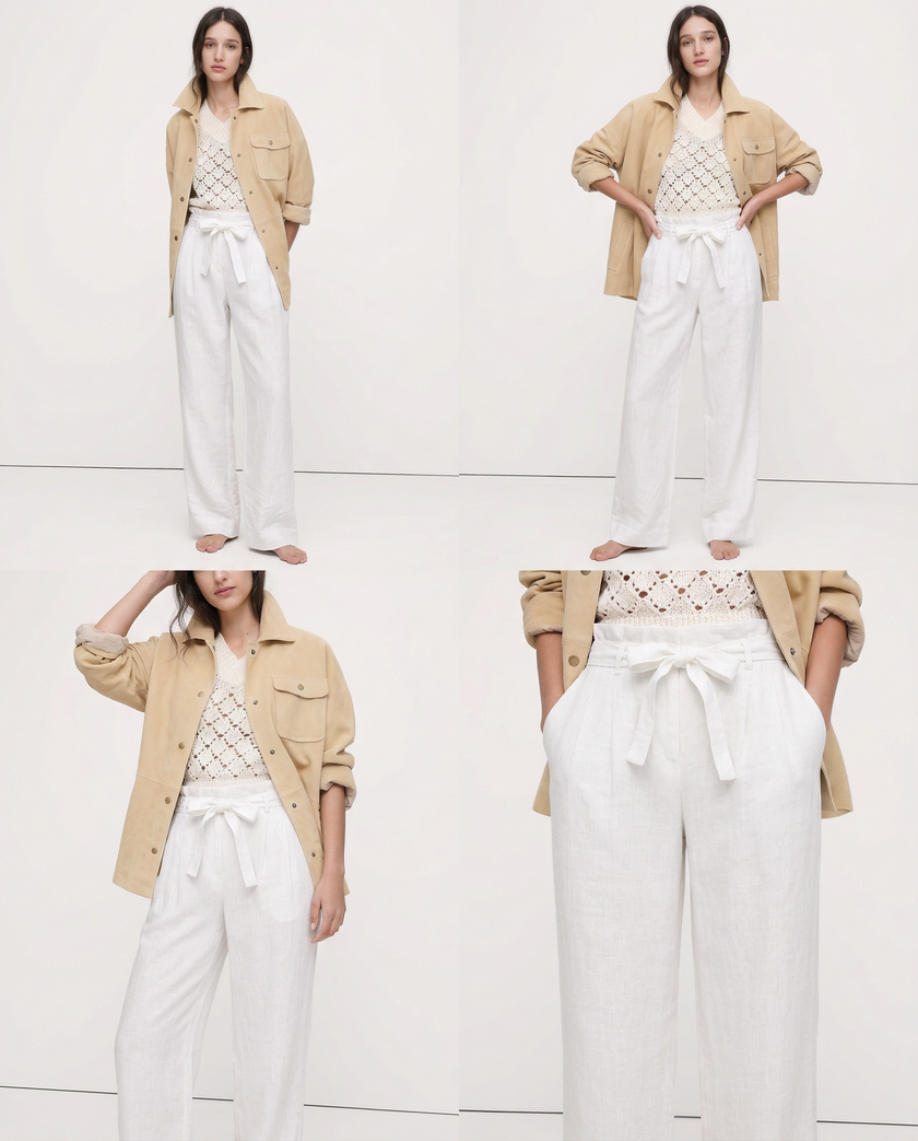 FJØRNA linen wide-leg trousers for women, showing loose pull-on design and high-quality fabric in a relaxed fit.