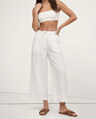 FJØRNA women's linen cropped culotte trousers with wide-leg design, showcasing lightweight, textured fabric and relaxed fit.