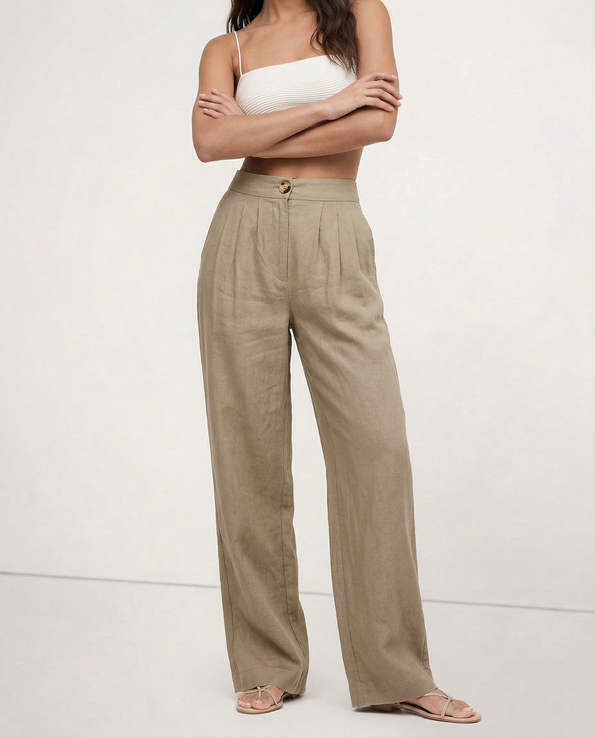 FJØRNA women's linen cropped culotte trousers with wide-leg design, showcasing lightweight, textured linen fabric.