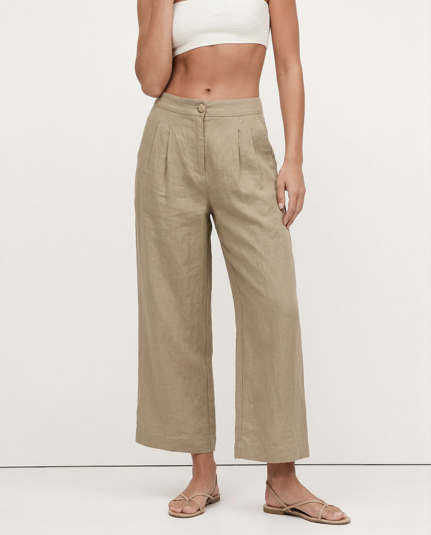 FJØRNA women’s linen cropped culotte trousers with wide leg fit, showing soft, textured linen fabric and stylish silhouette.