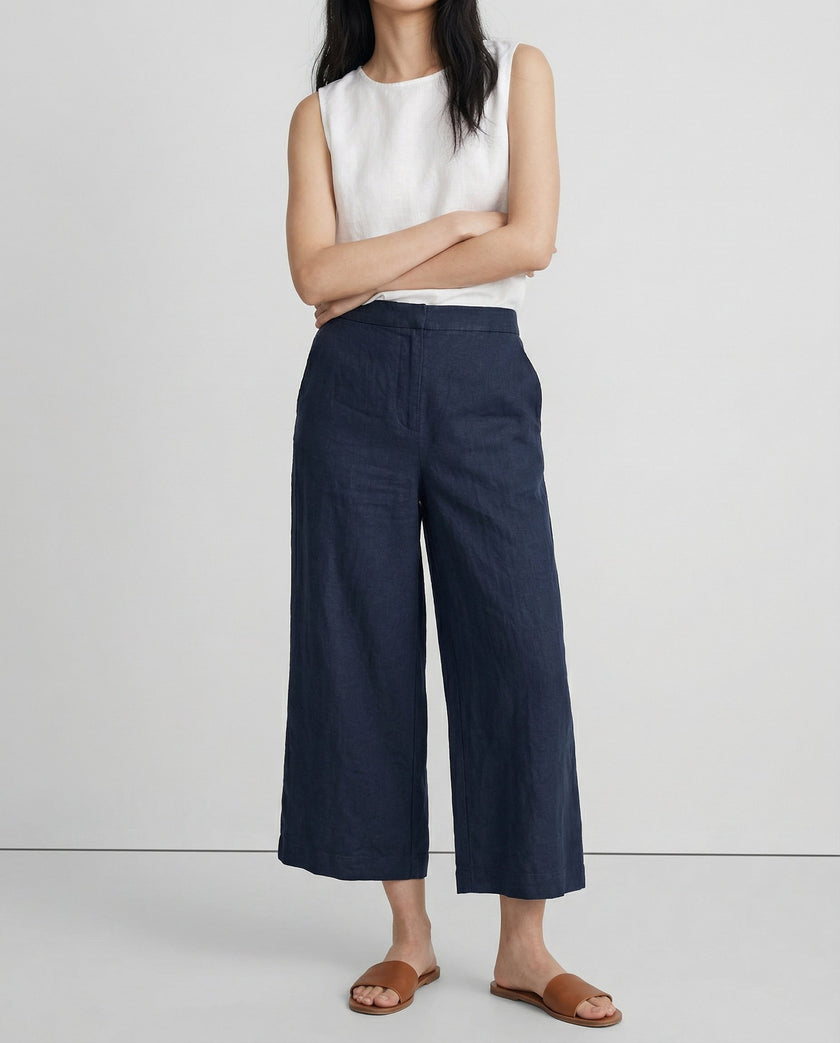 FJØRNA linen wide leg women’s trousers with drawstring, showcasing high-quality, realistic linen fabric and comfortable relaxed fit.