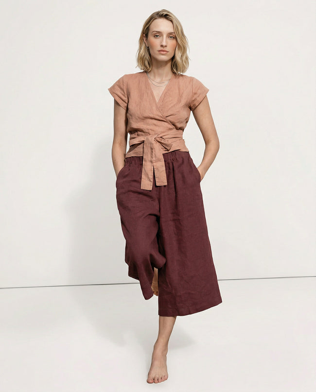 FJØRNA linen wide leg trousers for women with drawstring pull-on design, showcasing soft, high-quality linen fabric.