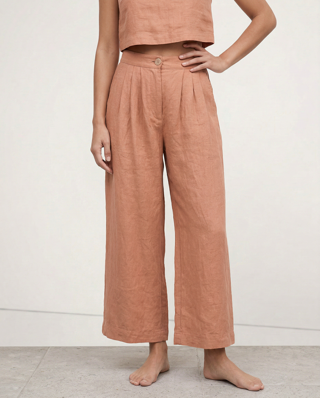 FJØRNA wide-leg linen cropped culotte trousers for women, showcasing breathable fabric and relaxed fit style.