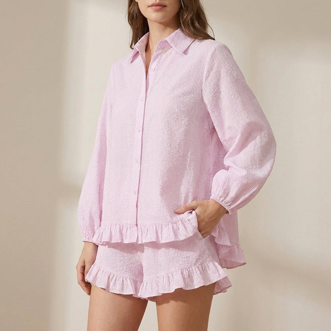 FJØRNA women's summer two-piece striped co-ord set with ruffled top and matching shorts, front view, casual stylish outfit.