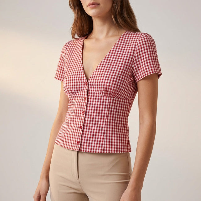 Front view of FJØRNA women's summer gingham blouse with V-neck, lightweight and stylish for warm weather.