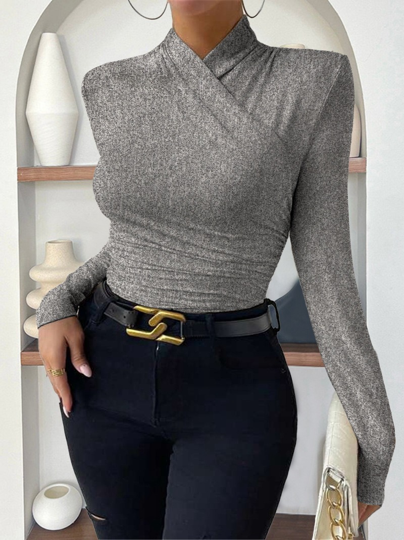 T-Shirt Women Draped Collar Pleated Waist Short Sleeve