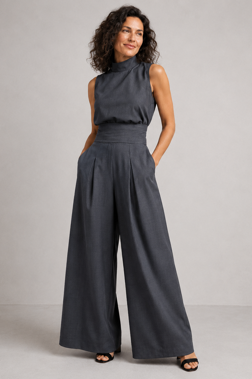 Two-Piece Set Women Sleeveless Top Wide Leg Solid