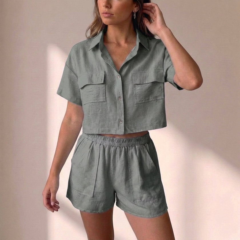 Gray women's summer two-piece co-ord set by FJØRNA featuring relaxed fit and pockets, perfect for casual wear.