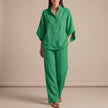 Green FJØRNA women's two-piece co-ord set with button-front top and matching pants, stylish and perfect for casual wear.