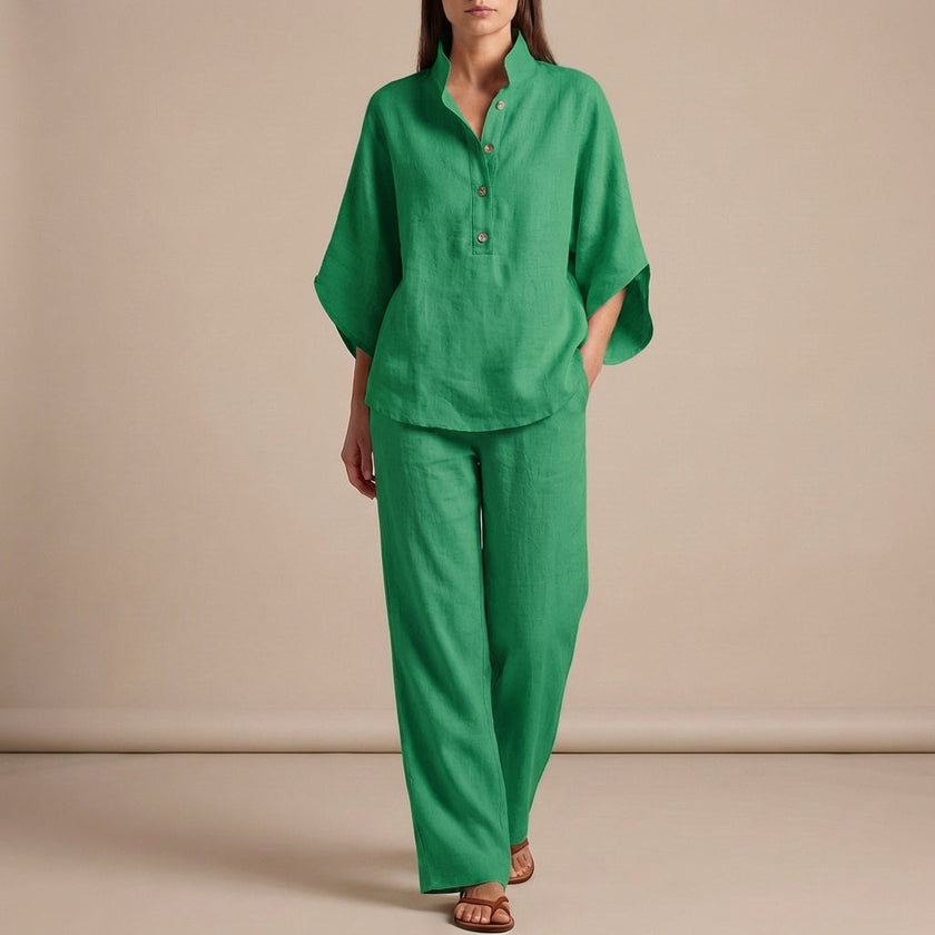 Green FJØRNA women's two-piece co-ord set with button-front top and matching pants, stylish and perfect for casual wear.