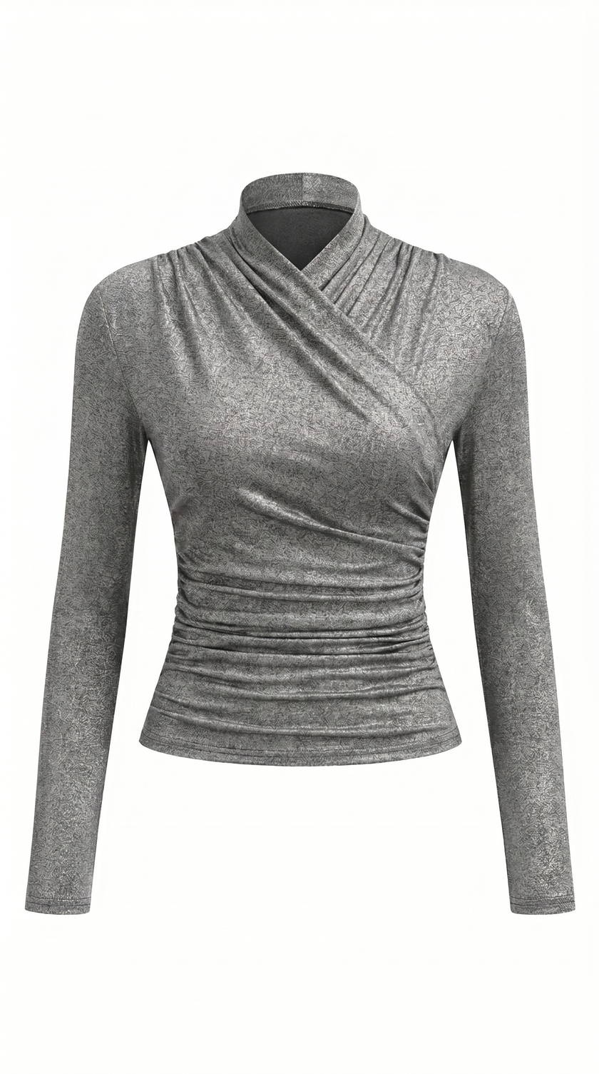 T-Shirt Women Draped Collar Pleated Waist Short Sleeve