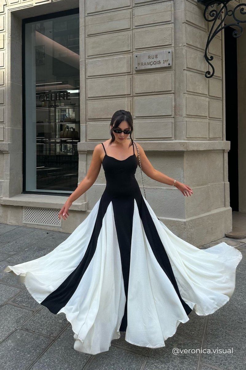 FJØRNA Griselda color block maxi slip dress in white, featuring a flowing silhouette and stylish design, perfect for elegant occasions.