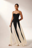 FJØRNA Griselda color block maxi slip dress in white, flowing dress with a sleek silhouette and contrasting color blocks.