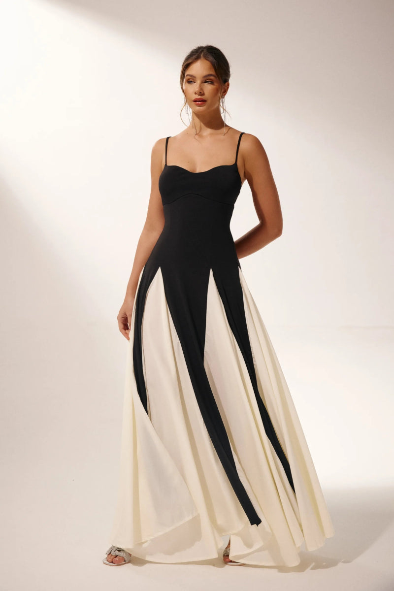 FJØRNA Griselda color block maxi slip dress in white, flowing dress with a sleek silhouette and contrasting color blocks.