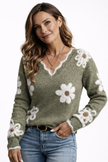 Floral Knit Sweater Women V-Neck Relaxed Fit Long Sleeve
