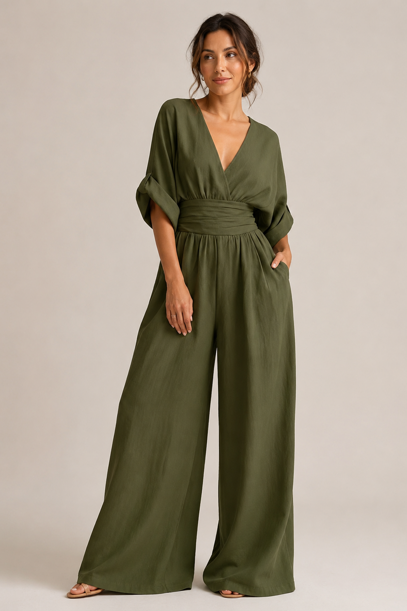 Jumpsuit Women Three-Quarter Sleeve High Waist Wide Leg