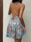 FJØRNA white halter sundress for women with floral print, lightweight summer dress styled with a back design.