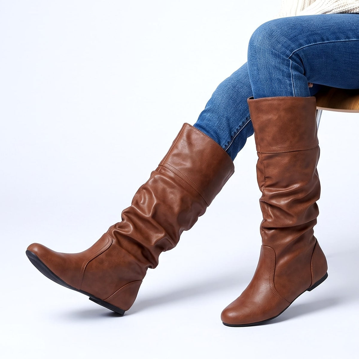 Soft Faux Leather Gathered Slouch Boots for Women | Helene