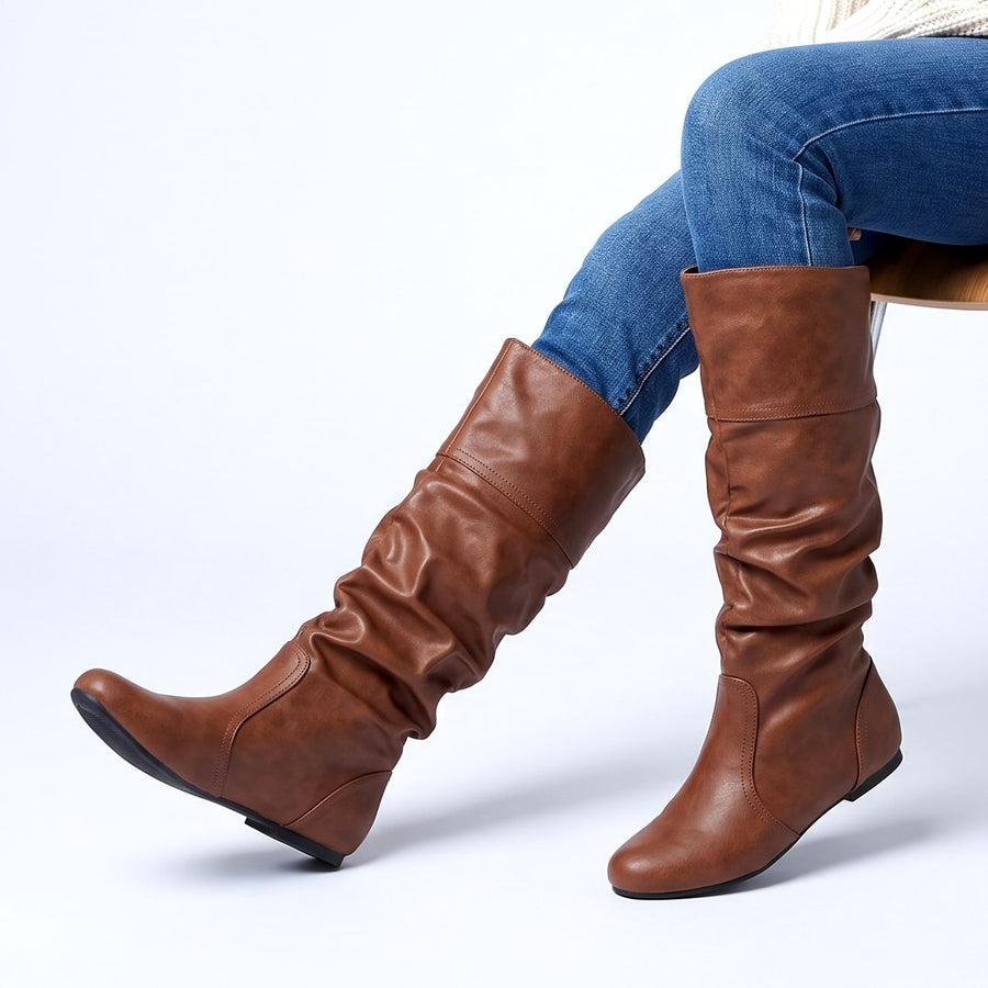 Soft Faux Leather Gathered Slouch Boots for Women | Helene