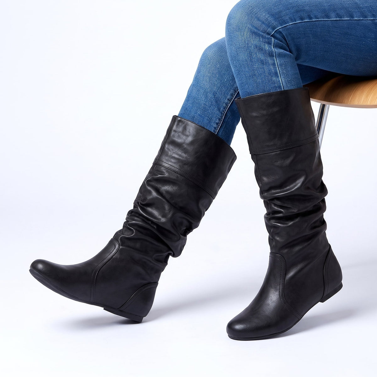 Soft Faux Leather Gathered Slouch Boots for Women | Helene