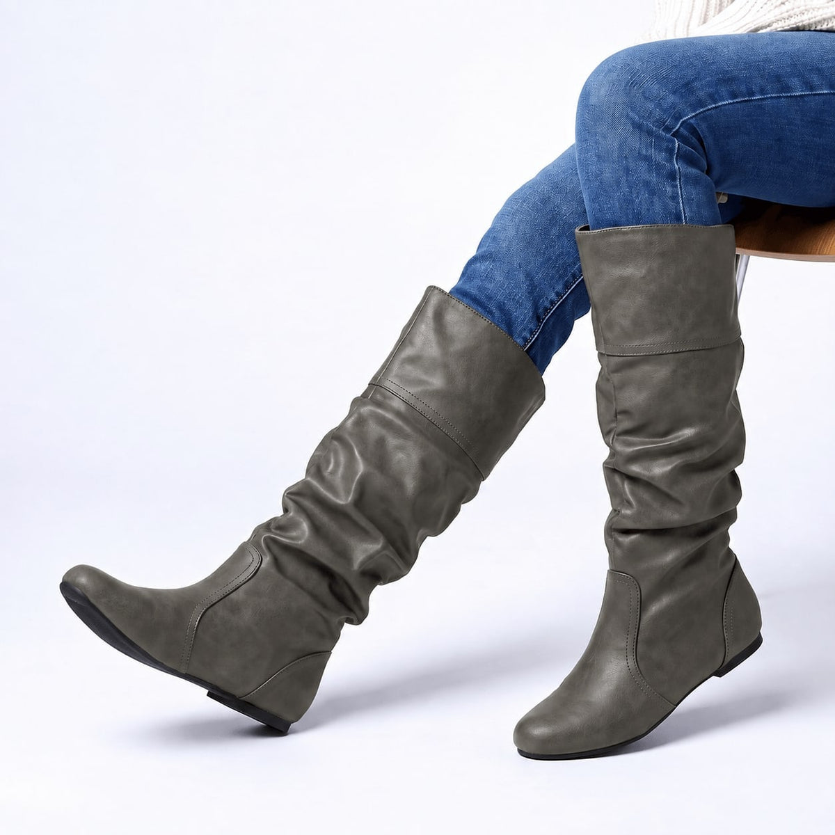 Soft Faux Leather Gathered Slouch Boots for Women | Helene