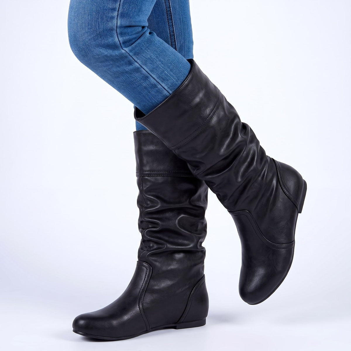 Soft Faux Leather Gathered Slouch Boots for Women | Helene