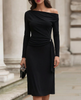 FJØRNA black cowl neck 3/4 sleeve bodycon midi dress, stylish cocktail dress with fitted silhouette and elegant design.