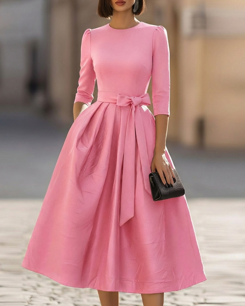 FJØRNA crew-neck A-line midi dress for wedding guests, elegant midi-length dress in soft fabric, UK size suitable for formal occasions