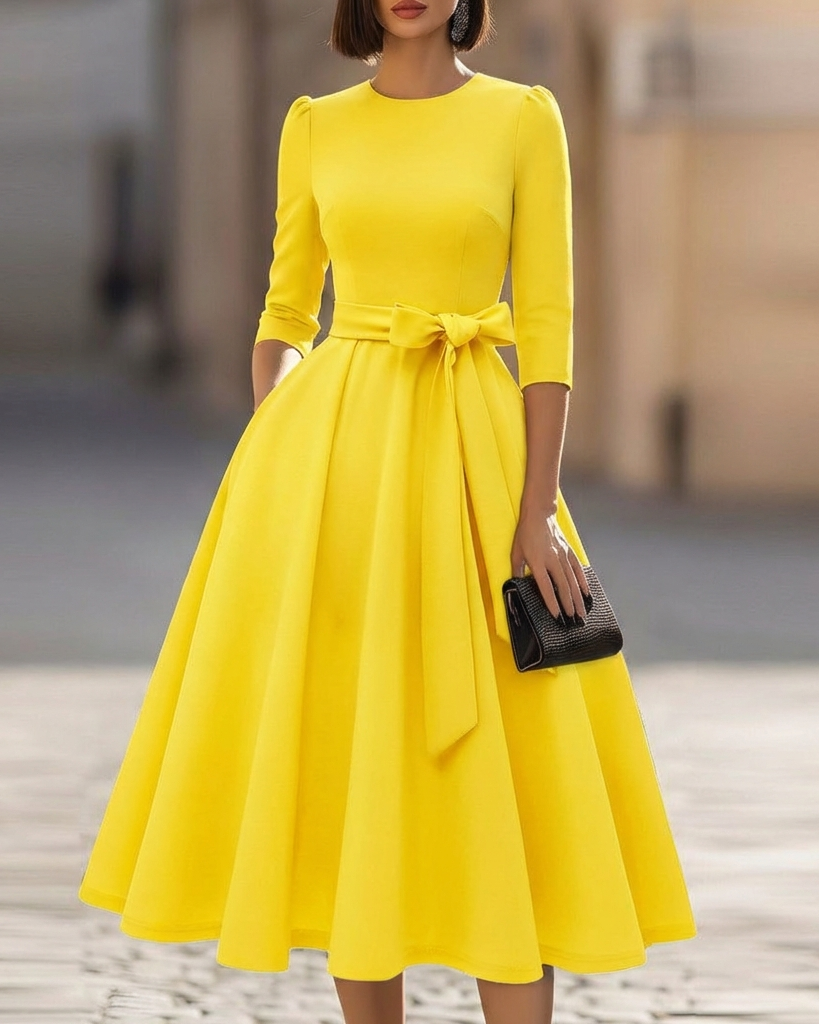 FJØRNA crew-neck A-line midi dress for women, stylish midi wedding guest dress, soft fabric, and elegant fit in the UK.