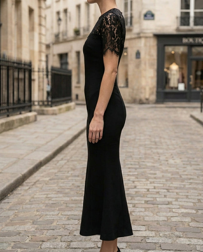 FJØRNA lace sleeve fitted midi dress for women, showcasing elegant lace details and a sleek, form-fitting silhouette.