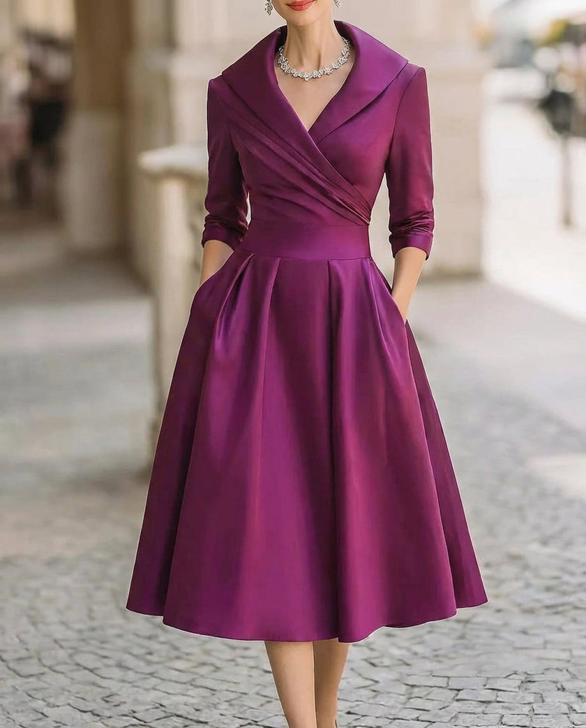 FJØRNA black satin trench-collar wrap midi dress for women, stylish and elegant with a fitted silhouette and midi length.