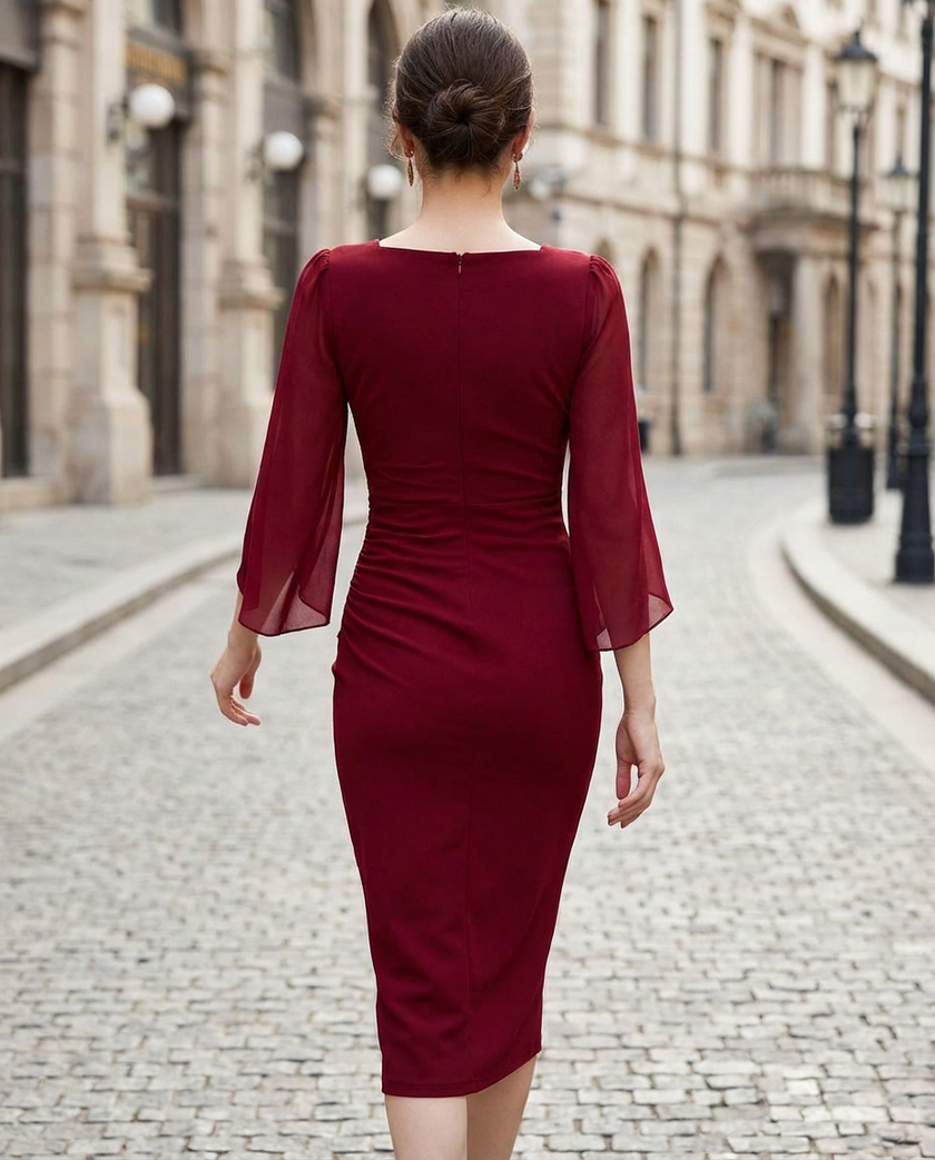 FJØRNA square-neck slit-sleeve midi cocktail dress, black fabric, fitted silhouette, stylish and elegant for formal events