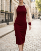 FJØRNA burgundy sheer-sleeve embellished midi dress, elegant cocktail dress with intricate detailing and flowy silhouette.