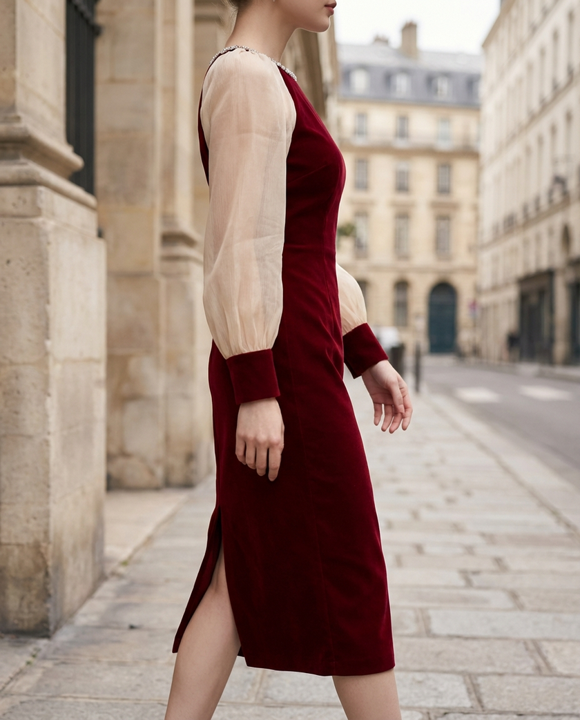 FJØRNA burgundy sheer-sleeve embellished midi dress, elegant cocktail dress with intricate beadwork and flowing silhouette.