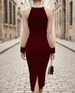 FJØRNA burgundy sheer-sleeve embellished midi dress for women, elegant cocktail dress with intricate details and sophisticated style.