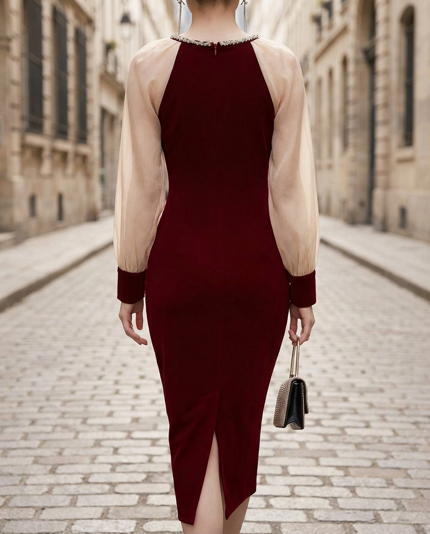 FJØRNA burgundy sheer-sleeve embellished midi dress for women, elegant cocktail dress with intricate details and sophisticated style.