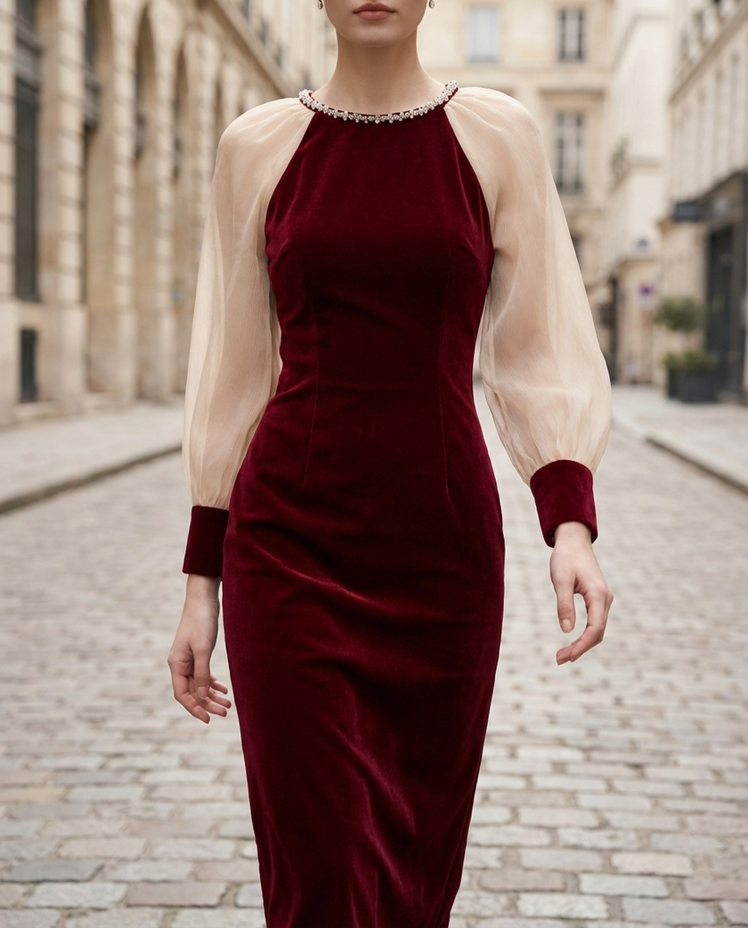 Burgundy Sheer-Sleeve Embellished Midi Dress
