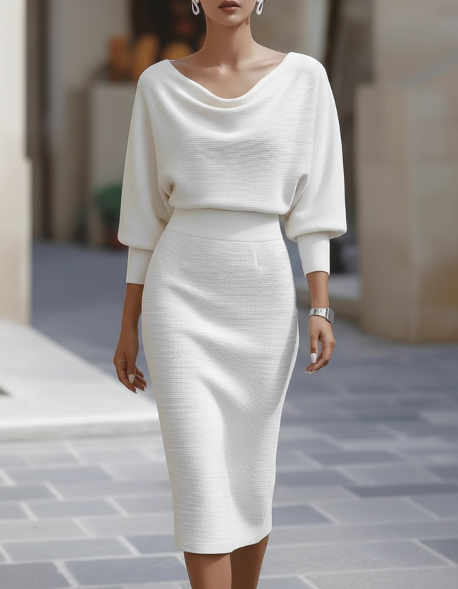 FJØRNA draped cowl neck three-quarter sleeve midi dress for women, showing the elegant, flowing fabric and stylish design.