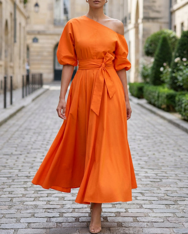 FJØRNA collared waist-tie chiffon midi dress, elegant wedding guest dress in soft fabric with flowing skirt and tied waist detail