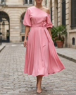 FJØRNA collared waist-tie chiffon midi dress, elegant wedding guest dress with a fitted waist and flowing skirt, in soft fabric.