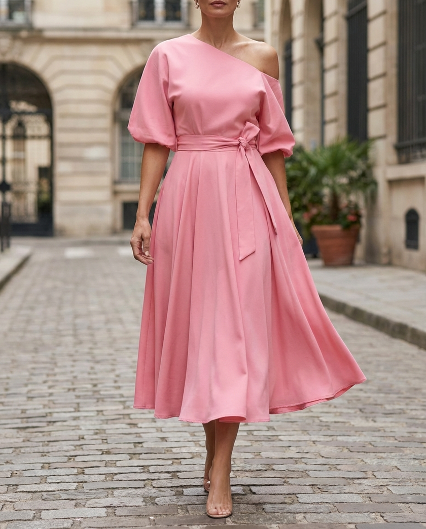 FJØRNA collared waist-tie chiffon midi dress, elegant wedding guest dress with a fitted waist and flowing skirt, in soft fabric.