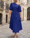 FJØRNA collared waist-tie chiffon midi dress for wedding guests, featuring a elegant design and flowing fabric.