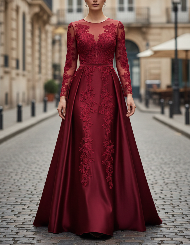 FJØRNA burgundy lace long-sleeve satin A-line gown with a flowing maxi dress design, featuring elegant lace details and a fitted bodice.