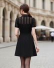 FJØRNA sheer panel collared keyhole A-line mini cocktail dress with long sleeves and elegant design, perfect for upscale events.